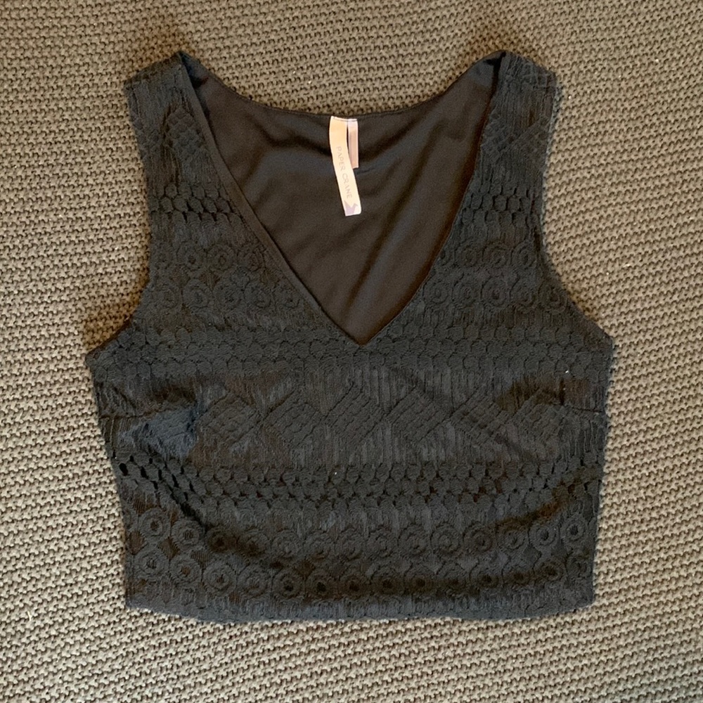 Paper Crane Embroidered Black Crop Tank